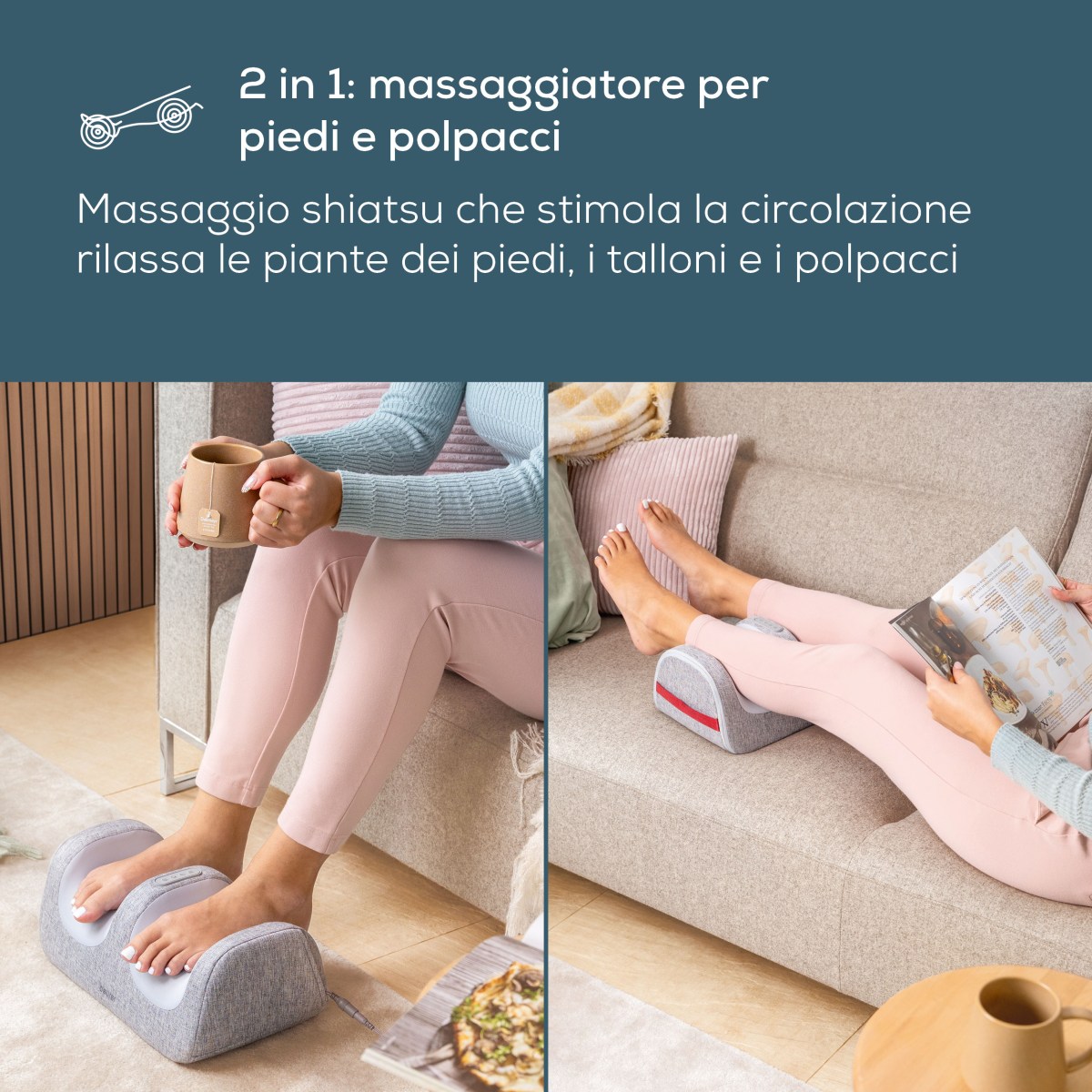 Donna con tazza di tè usa il massaggiatore Sinneroll sul tappeto serale
