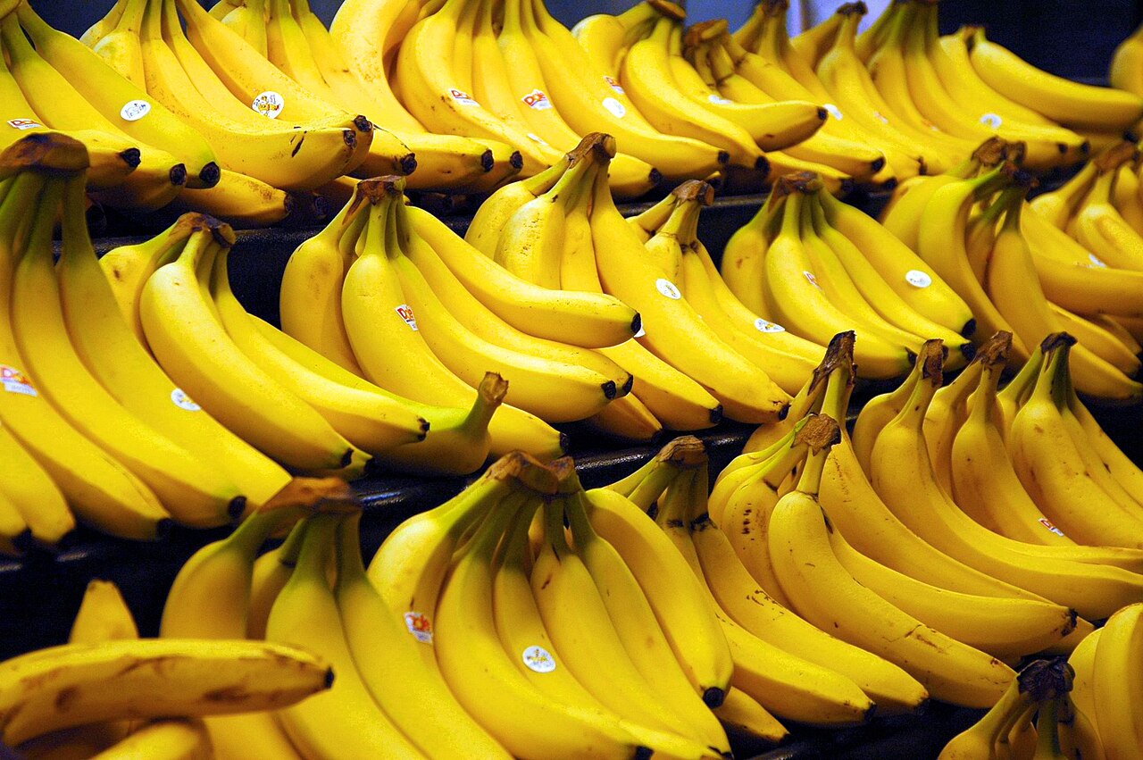 Banane gialle esposte in cassetta sul banco di un negozio di frutta