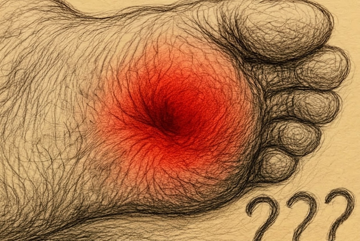 Disegno a matita di una pianta del piede con una zona rossa e tre punti interrogativi