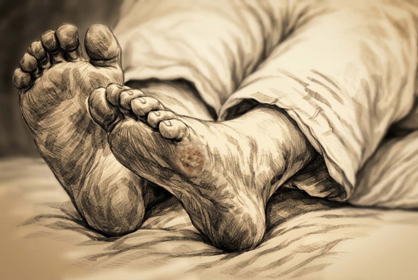 Disegno in seppia di due piedi sul letto con una lesione sulla pianta